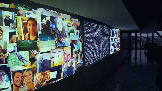 three Channel Installation of 24hour Social including two video channels and a data channel, Maison des Sciences de l'Homme Nord, Paris 2016.